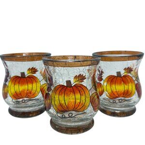 Set 3 Yankee Candle Pumpkin Fall Autumn Crackle Glass Votive Candle Holders